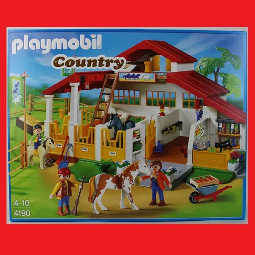 Playmobil 4190 Moderner Reiterhof – Reitstall mit Zubehör - Entdecke den modernen Reiterhof mit drei Pferdeboxen, einem Paddock und einem Kiosk. Ideal für fantasievolles Spiel und kreative Abenteuer mit Pferden. Viel Zubehör sorgt für abwechslungsreichen Spaß!