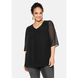 Tunika SHEEGO "Große Größen", Damen, Gr. 48, schwarz, Obermaterial: 100% Polyester;Futter: 95% Viskose, 5% Elasthan, unifarben, elegant, figurumspielend normal, V-Ausschnitt, 3/4-Ärmel, Tuniken, im Lagenlook, mit Chiffon
