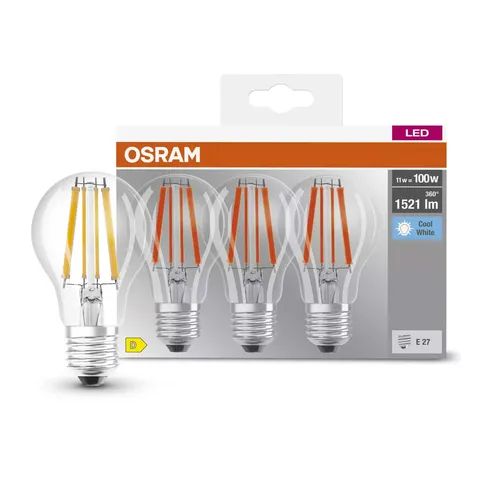 Osram LED Filament Birnen 11W = 100W E27 klar 1521lm neutralweiß 4000K Lampe 3 x