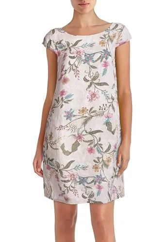 PEKIVESSA Leinenkleid Knielang mit Blumen-Print - Leichtes, lockeres Leinenkleid mit floralem Design, ideal für warme Tage. Rundhalsausschnitt, Cap-Ärmel und praktische Taschen bieten Komfort. Perfekt für einen lässigen Look!