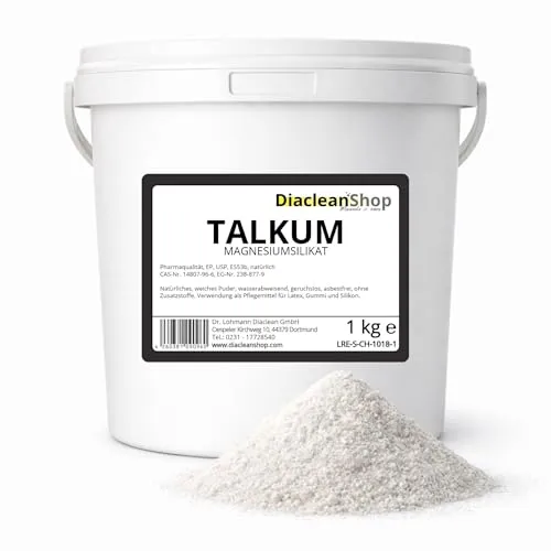Diacleanshop Talkum 1kg – Talkumpuder Pulver Pharmaqualität – Hochreines Magnesiumsilikat – Asbestfrei – Fein gemahlen – Latexpflege, Gummi, Silikon
