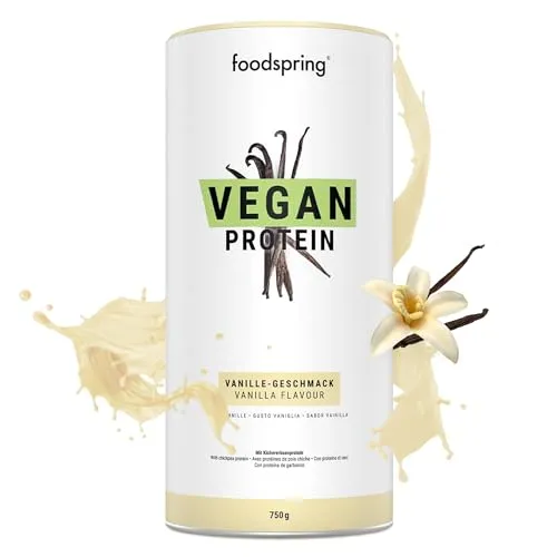 foodspring Vegan Protein Pulver Vanille – 21g Protein je Shake zum Muskelaufbau, B12, B6, Folsäure, Biotin, Kalzium & Zink, Sojafrei, Glutenfrei - 750g