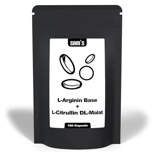 L Arginin Citrullin Kapseln hochdosiert - Hochwertiges pflanzliches Arginin in Base Form mit 99% Reinheit und Citrullin Malat - 160 Kapseln - SAM'S - Produziert in Deutschland