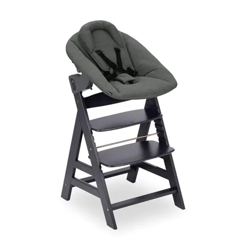 hauck Alpha Newborn Set Plus, Dark Grey - Mitwachsender Hochstuhl für Babys und Kleinkinder bis 90 kg, inkl. Neugeborenenaufsatz, 5-Punkt-Gurt und waschbarem Baumwollbezug für höchsten Komfort.