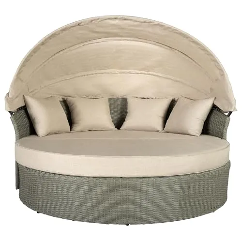 Riess-Ambiente Sonneninsel PLAYA LIVING 165cm - Sonneninsel in natur aus Polyrattan, mit ausziehbarem Fußteil und klappbarem Dach für ultimativen Komfort im Garten. Ideal für entspannte Stunden im Freien.