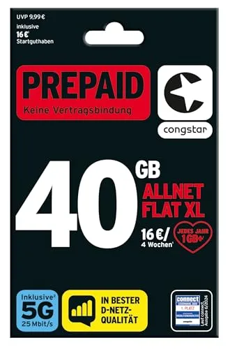 congstar Prepaid ALLNET XL – 40 GB im D-Netz mit 5G (25 Mbit/s), 16 € Startguthaben, Telefon & SMS Flat in alle dt. Netze, EU-Roaming inkl., jedes Jahr 1 GB mtl. mehr, ohne Vertrag.