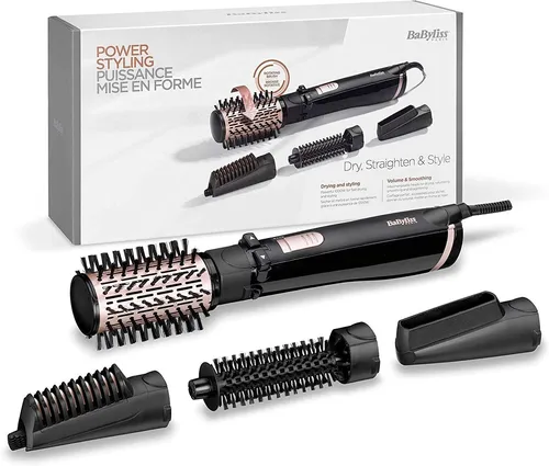 BaByliss Dry, Straighten and Style - Rotierende Warmluftbürste 1000W - Lockenstäbe & Glätteisen mit 4 austauschbaren Aufsätzen für vielseitige Styles, Ionen-Technologie für glattes, glänzendes Haar und Smart Auto-Detect für optimale Leistung.