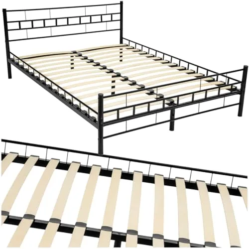 tectake Metallbett Bettgestell inkl. Lattenrost - 140x200cm, Schwarz, stabil und zeitloses Design, stoß- und kratzresistent