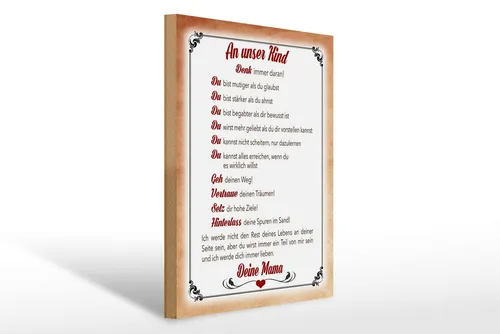 Femer GmbH Holzbild Spruch 30x40cm Kind denk immer daran deine Mama, Familie Freunde, Sprüche Zitate Lustiges (1 St), Glatte Holzfaserplatte (MDF), vorn beschichtet