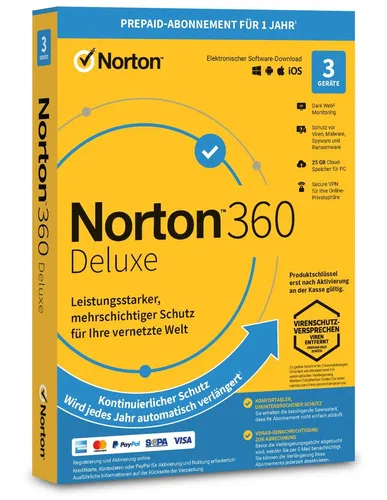Norton 360 Deluxe – 3 Geräte, 1 Jahr, 25GB Speicher - Schützen Sie Ihre Geräte mit Norton 360 Deluxe. Umfassende Internetsicherheit für Windows, Android, iOS und Mac OS. Digitale Lizenz für einfachen Zugang und Nutzung.