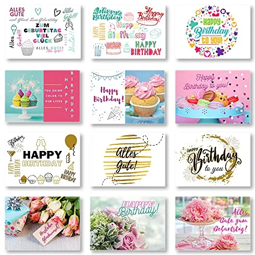 Domelo Geburtstagskarten 12er Set mit Umschlag, Happy Birthday Postkarten, Kraftpapier Karten zum Geburtstag, Geburtstagskarte für Mann/Frau/Kinder, Postkarte als Grußkarten, (Set 2)