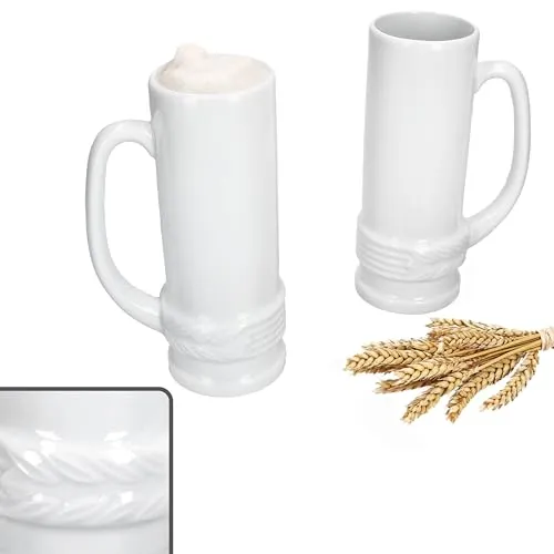 MamboCat 2er Set Ehren-Krug mit Henkel I 0,5 Liter I weißer Bierkrug aus Keramik mit Ähren-Relief für 2 Personen I schlanker glänzender Bierhumpen I Grillparty, Vereinsfeier
