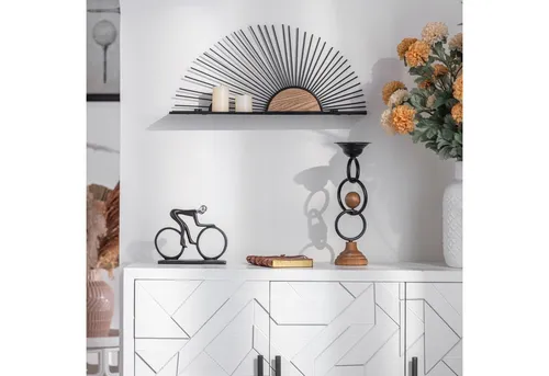 K&L Wall Art Deko-Wandregal Holz Metallregal - Regale im Vintage-Stil, ideal zur Platzersparnis und dekorativen Gestaltung Ihrer Wände mit einem einzigartigen Sonnen-Design.