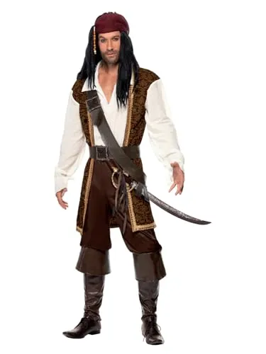 Smiffys Hochsee-Pirat Kostüm für Herren, Braun - Kostüm-Outfit für Erwachsene, inklusive Oberteil, kurzer Hose, Bandelier, Gürtel und Kopftuch, ideal für Karneval und Halloween, angenehmes Tragegefühl dank leichtem Material