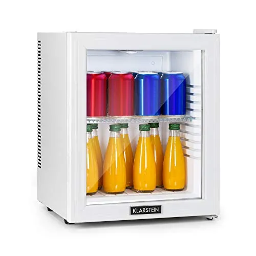 Klarstein Mini Kühlschrank mit Glastüre - Kompakter Mini-Kühlschrank (23L) für Getränke, Snacks & Kosmetik. Ideal für kleine Räume, leise im Betrieb und energieeffizient mit einer Temperatur von 12-18°C.