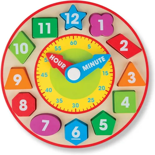 Melissa & Doug Lernspielzeug Holzuhr für Kinder mit Formen zum Sortieren 13 Teile (13-St)