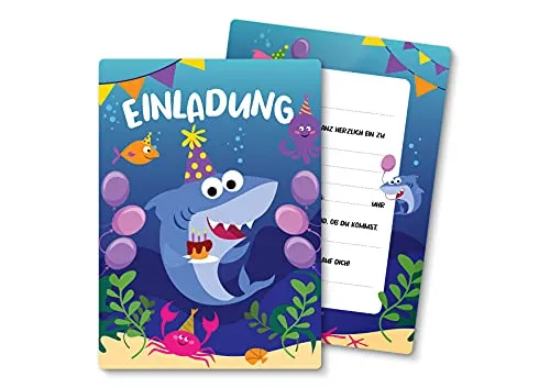 Friendly Fox Shark Einladungskarten Geburtstag, 12 Einladungen zum Kindergeburtstag Hai, DIN A6 Einladung mit Umschlag