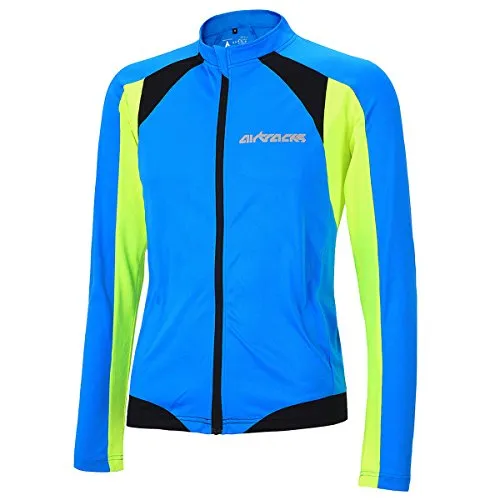 Airtracks FUNKTIONS Fahrradtrikot Langarm PRO-T - blau-neon - M - Radsport-Trikot für Herren, atmungsaktiv und feuchtigkeitsregulierend, ideal für Frühling und Sommer. Mit Reflex-Reißverschluss und 3 Rückentaschen für praktischen Stauraum.