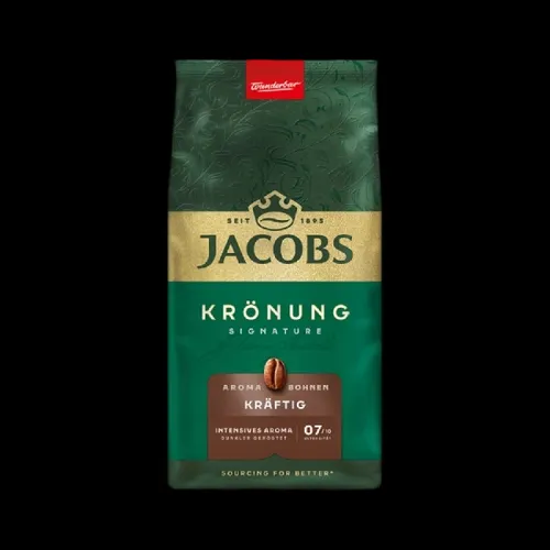 Jacobs Kaffeebohnen Krönung Kräftig Aroma-Bohnen, 500 g - Vollmundige Kaffeebohnen mit intensiven Nuancen von Haselnuss und Kakao. Ideal für kräftigen Kaffee, perfekt für Siebträgermaschinen und Vollautomaten. Genießen Sie die dunkle Röstung für ein intensives Aroma.