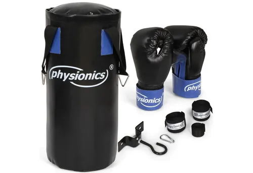 Physionics® Kinder Boxset 10 kg - Boxsack mit Boxhandschuhen - Boxset für Kinder, gefüllt mit 10 kg, aus strapazierfähigem Kunstleder und ideal für das Training von Koordination und Fitness.