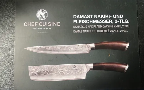 Kochmesser Chef Cuisine Damast Messer Nakiri Set 2 -tlg. aus Ebenholz - Küchenmesser Set aus hochwertigem Damaststahl, enthält ein präzises Nakiri- und Fleischmesser für perfekte Schneideergebnisse.