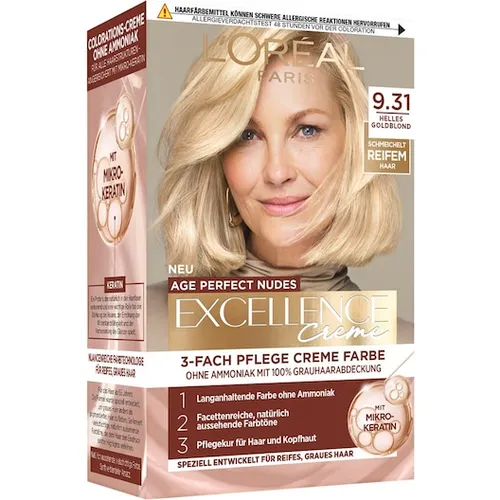 LOreal-Paris Haarfarbe ColorationExcellence Creme Age Perfect Nudes 9.31 Helles Goldblond - Hochwertige Haarfarbe für strahlende Ergebnisse, ideal für ein sanftes, natürliches Blond. Perfekte Pflegeformel für lebendigen Glanz und geschmeidiges Haar. Ideal für die Haarfärbung zuhause! 1 Stk. (6,99 €)