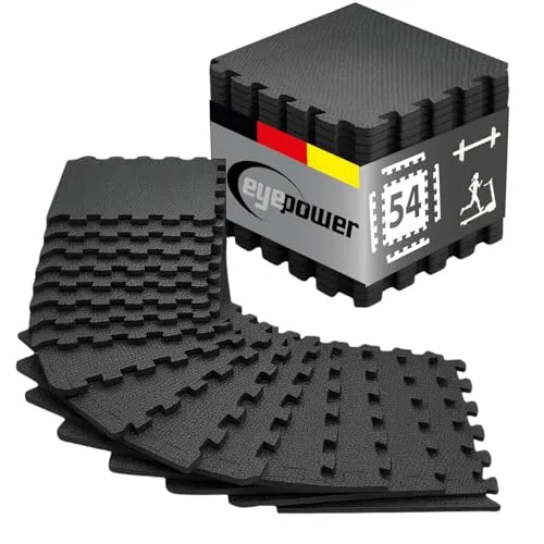 54er Set Fitness Bodenschutzmatte - EVA Sportmatte für Home Gym - Ideal für dein Home Gym: Robuste Bodenschutzmatte aus hochdichtem EVA-Schaum. Stoßfest, schalldämmend und perfekt für Fitnessgeräte. 54 Matten à 30x30 cm sorgen für optimalen Bodenschutz.