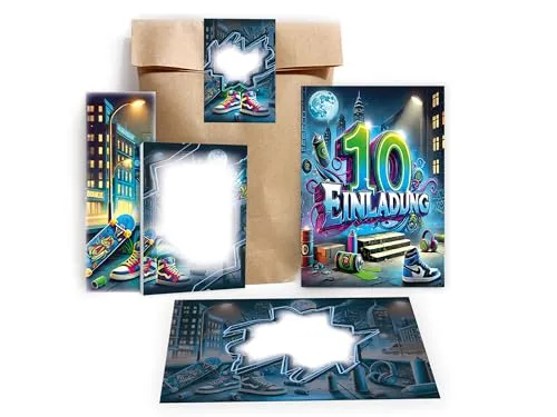 Einladungskarten zum 10. Kindergeburtstag Graffiti Street Art Party Einladung Geburtstag Mädchen Kinder Jungen Mitgebsel inkl. 12 Umschläge, 12 Tüten, 12 Aufkleber, 12 Lesezeichen, 12 Blöcke 12