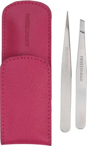 Tweezerman Retail Collection Pink Case Augenbrauen Set - Augenbrauen Set mit schräger Slant und spitzem Point Pinzette, rostfreier Edelstahl und handgefeilte Spitzen, inklusive schickem Lederetui in Pink, ideal für unterwegs.