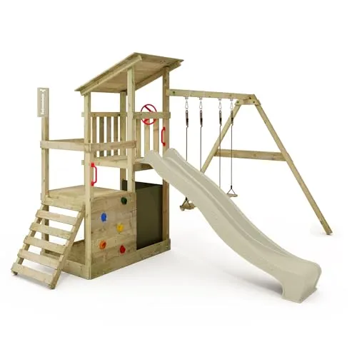 FATMOOSE Spielturm Klettergerüst FruityForest Fun XXL - Schaukeln & Klettern im Garten: Der FruityForest Fun bietet eine Rutsche mit Wasseranschluss, Schaukel, Sandkasten und Kletterwand für unvergessliche Spielmomente. Stabil und sicher dank robustem Holz und 10 Jahren Garantie!