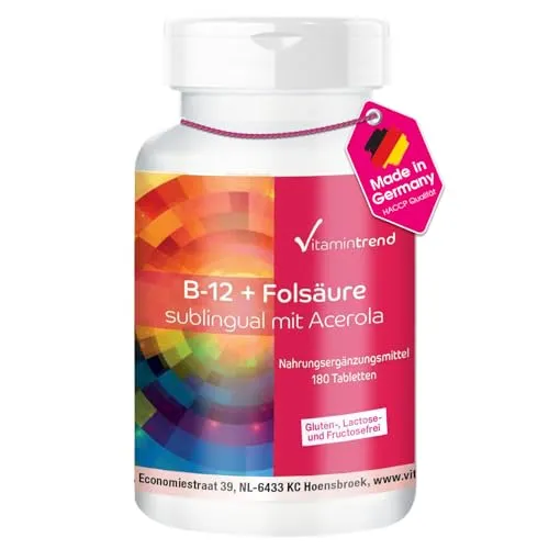 Vitamin B-12 + Folsäure sublingual - 180 Tabletten mit 500μg Vitamin B12, 100µg Folsäure & Acerola (25% Vitamin C) - hohe Dosierung - vegan - bioverfügbare Supplements aus Deutschland | Vitamintrend®