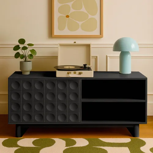 Oviala TV-Schrank Octave, Schwarz, Eukalyptusholz, 120x40x58 cm - Der moderne TV-Ständer Octave bietet mit seinen kompakten Maßen von 120 x 40 x 58 cm eine elegante Lösung für Ihr Wohnzimmer. Stabil und kratzfest, ideal für Fernseher bis 50 kg. Verleihen Sie Ihrem Raum einen stilvollen Akzent!