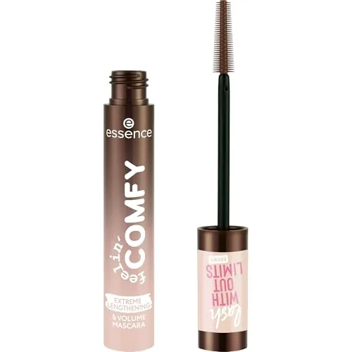 essence feelin' comfy lash WITHOUT LIMITS BROWN EXTREME LENGTHENING & VOLUME MASCARA, Nr. 01, Braun, verlängernd, vegan, ohne Mikroplastikpartikel, Nanopartikel frei, ohne Parfüm, 1er Pack (13ml)