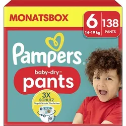 Pampers Baby Dry Pants Gr. 6 Extra Large - 138 Stück Monatsbox - Windeln für Babys von 14-19kg, mit revolutionärem Stop & Schutz System für zuverlässigen Schutz und Bewegungsfreiheit.
