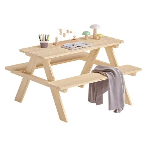 Bellabino Inny Kindersitzgarnitur für Draußen - Kinderzimmertisch & -stuhlsets aus unbehandeltem Massivholz, ideal für Spiel und Spaß im Freien mit stabiler Bauweise und Platz für Snacks.