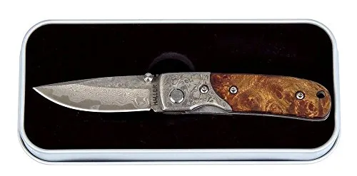 Haller Damast Taschenmesser Wurzelholz Neu - Hochwertiges Taschenmesser aus Damaszener Stahl mit elegantem Wurzelholzgriff, ideal für Outdoor-Abenteuer und tägliche Anwendungen.