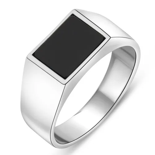 Eleganter Siegelring mit Onyx Stein für Damen und Herren - Ringe in Bijouterie, hochwertiger Siegelring aus Silber 925 mit rhodiniertem Finish und markantem schwarzen Onyx Stein – ein stilvolles Highlight für jedes Outfit.