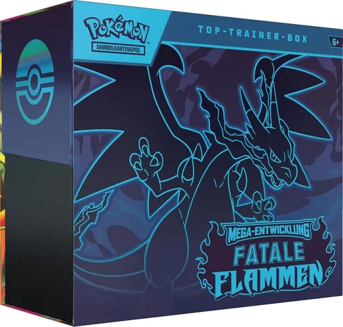 POKÉMON 12483 ME02 Fatale Flammen Top-Trainer-Box - Sammelkarten - Enthält 9 Boosterpacks, 1 holografische Promokarte und alles für epische Duelle im Pokémon-Sammelkartenspiel!
