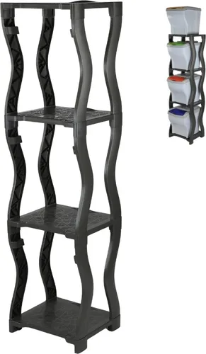 Praktisches Regal für Mülleimer Set 3 und 4 - Müll- & Abfalleimer: Langlebiges und platzsparendes Kunststoffregal mit 4 Fächern, ideal für Keller und Küche. Maße: 35x30x127 cm, in elegantem Schwarz.