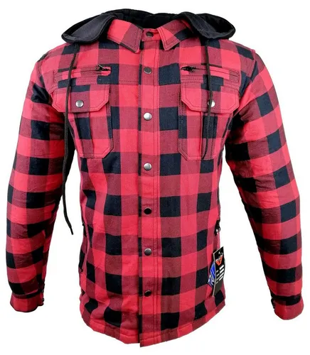 Alpha Speeds Motorradjacke Flanell-Holzfäller PRO Rot - Wasserdichtes und winddichtes Motorradhemd mit atmungsaktiven Eigenschaften, abnehmbarer Kapuze und Protektoren. Ideal für alle Jahreszeiten und den täglichen Gebrauch.