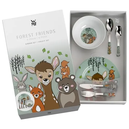 WMF Waldfreunde Kinder Geschirrset 6-teilig - Kindergeschirrset für Kinder ab 3 Jahren mit ergonomischem Design und bunten Waldtiermotiven, spülmaschinengeeignet und fördert selbstständiges Essen.