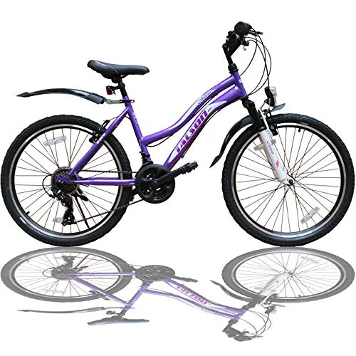 Talson 26 Zoll Mountainbike für Mädchen mit Gabelfederung - Robustes Mountainbike in Lila mit 21-Gang Schaltung, ideal für Abenteuer und sicheres Fahren dank integrierter Beleuchtung.