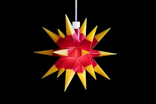 Sterntaler Dekostern | Mini Weihnachtsstern mit LED - Der Sterntaler Mini Weihnachtsstern (12cm) in Rot/Gelb bringt festliche Stimmung in dein Zuhause. Mit 18 Zacken und energiesparender LED-Beleuchtung sorgt er für eine gemütliche Atmosphäre. Praktischer Timer für 6 Stunden an, 18 Stunden aus.