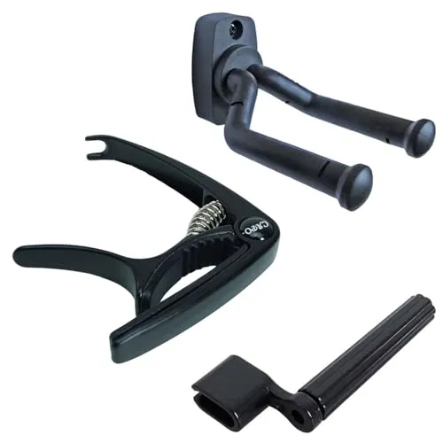 keepdrum Gitarren-Zubehör-Set mit Saitenkurbel Wandhalter Kapodaster Schwarz