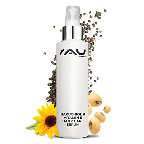 RAU Cosmetics Anti-Aging Serum Bakuchiol & Vitamin E - 100ml Tagespflege für alle Hauttypen - Tagespflege Serum mit pflanzlicher Retinol-Alternative Bakuchiol und Vitamin E für strahlend schöne, jugendliche Haut. Ideal gegen Falten und Hautalterung, unterstützt die Regeneration und bietet UV-Schutz.