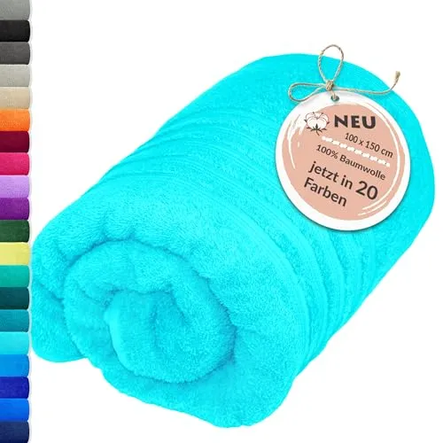 Lashuma Schulter Badehandtuch groß Türkis – Flauschiges XXL Handtuch 100x150 cm - Großes Badehandtuch in leuchtendem Lagunen Türkis, ca. 100x150 cm. Weiches Frottee aus 100% Baumwolle sorgt für hohe Saugfähigkeit und Komfort. Ideal für Wellness, Reisen oder als stylisches Accessoire im Badezimmer.