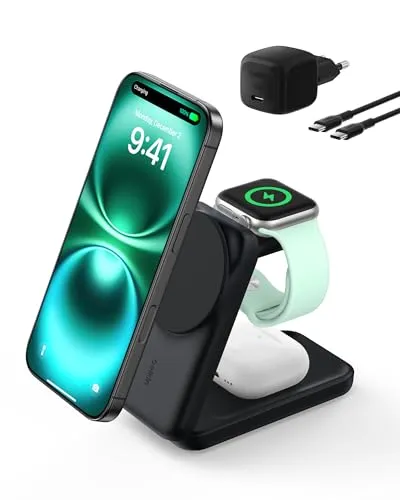 Belkin 3 in 1 Ladestation – Schnelles Laden für iPhone, Apple Watch und AirPods - Kabellose Qi-Ladegeräte mit Qi2-Technologie für ultraschnelles Laden bis 25 W, ideal für gleichzeitiges Laden aller Geräte und perfekt für Reisen.