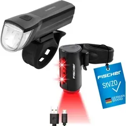 FISCHER 50363 Akku-Leuchtenset - Fahrradbeleuchtung mit 30 Lux Frontleuchte und 360° Twin Rücklicht, USB-wiederaufladbar und wasserbeständig, ideal für sicheres Fahren bei Nacht.