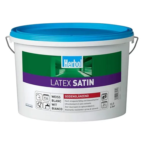 Herbol Latex Satin Latexfarbe - 12,5 Liter Weiß, seidenglänzend - Hochwertige Latexfarbe für Innenräume, ideal für stark beanspruchte Flächen. Lösemittelfrei, geruchsarm und beständig gegen Reinigungsmittel.