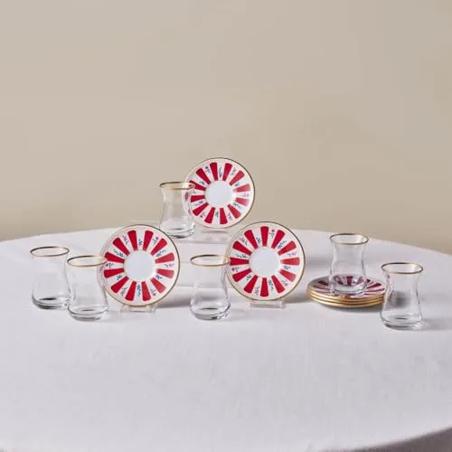 KARACA Bursa Türkische Teegläser Set, 12-teiliges Teeglas, Teeset für 6 Personen (Cay Bardagi Set), Tee Gläser mit Traditionelles Design in Rot, Roter Teller mit feinen Details